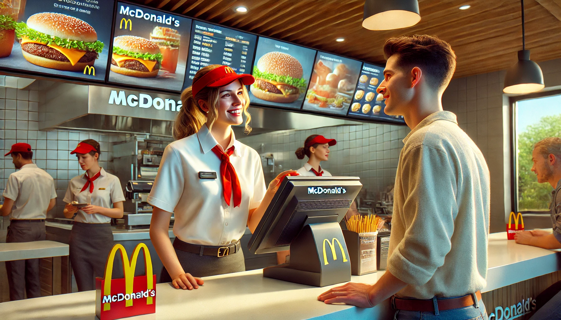 Pessoa fazendo pedido ao atendente no caixa de um McDonald's