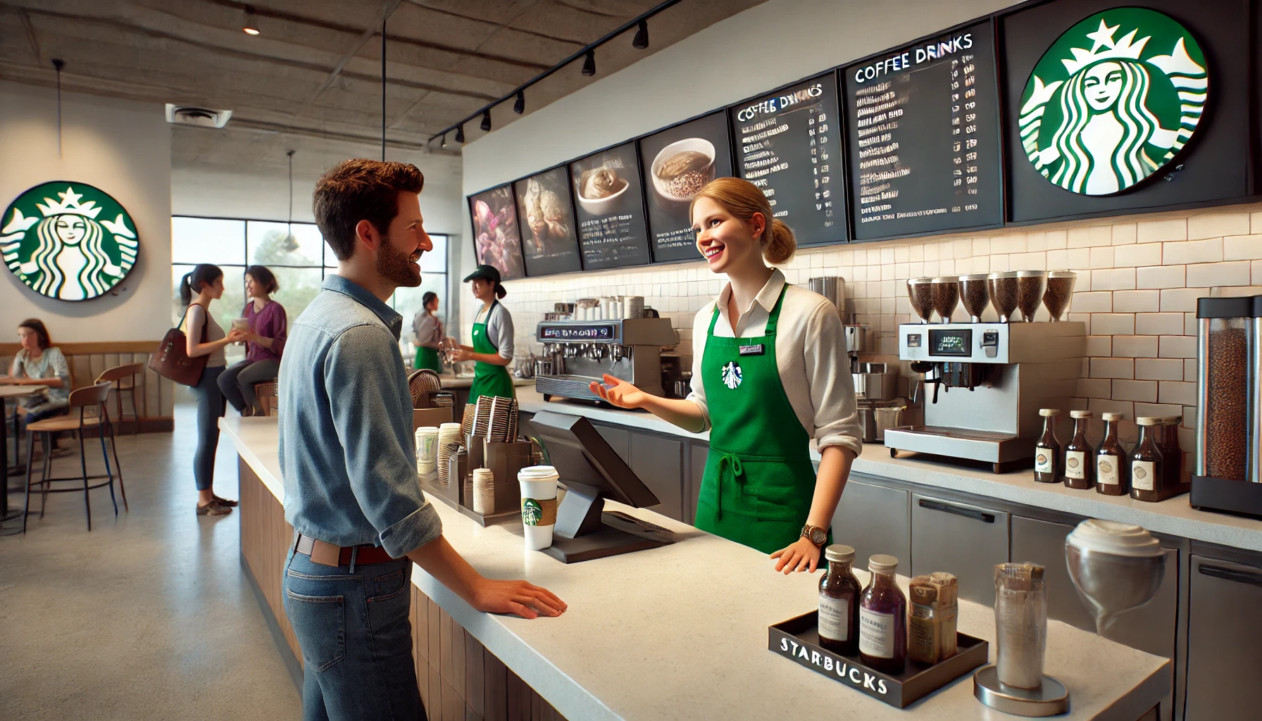 Pessoa fazendo pedido ao barista no caixa de uma Starbucks